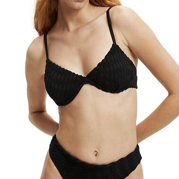 Good American Size 3 Bikini Swim Top Jacquard Wave Demi Bra Black Underwire - Picture 1 of 6